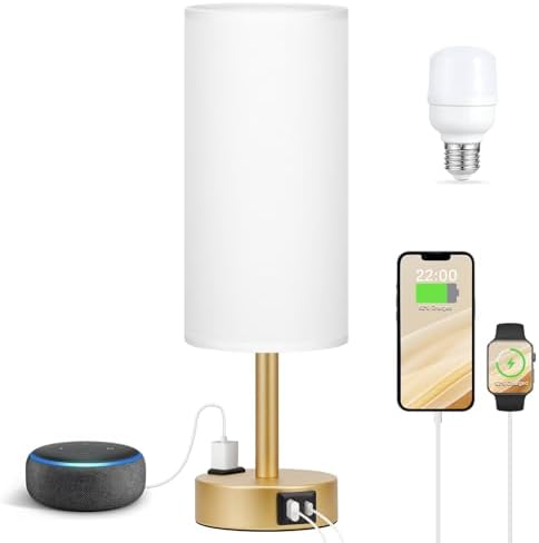 Fenmzee Gold Bedside Lamp for Bedroom, Dimmable Touch, USB A+C, AC Outlet