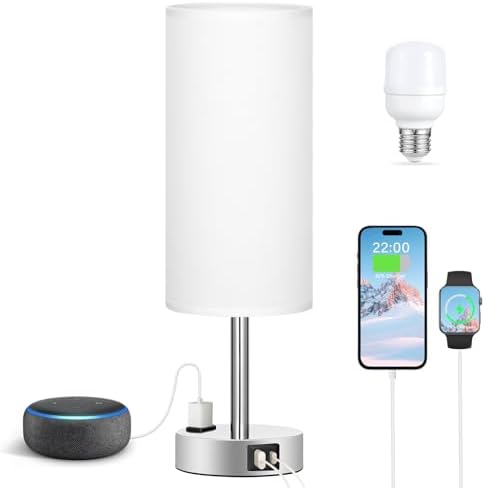 Fenmzee White Bedside Lamp for Bedroom, Dimmable Touch, USB A+C, AC Outlet