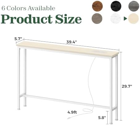 SUPERJARE 39.4 inch Narrow Behind Couch Table with Charging Stations