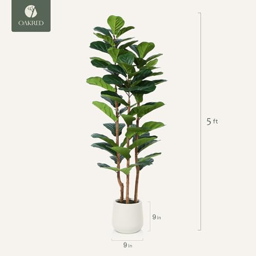 Artificial Fiddle Leaf Fig Tree with White Planter,5ft Tall Fake Tree with Natural Wood Trunk for Home Decor, Faux