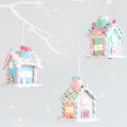 3 Pcs Pastel Gingerbread House Ornaments for Christmas Tree Decorations