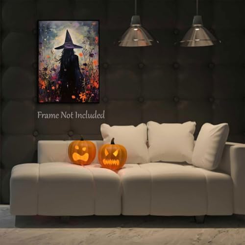 ILLBDR Halloween Witch with Flowers Canvas Wall Art Poster 12x16 inch
