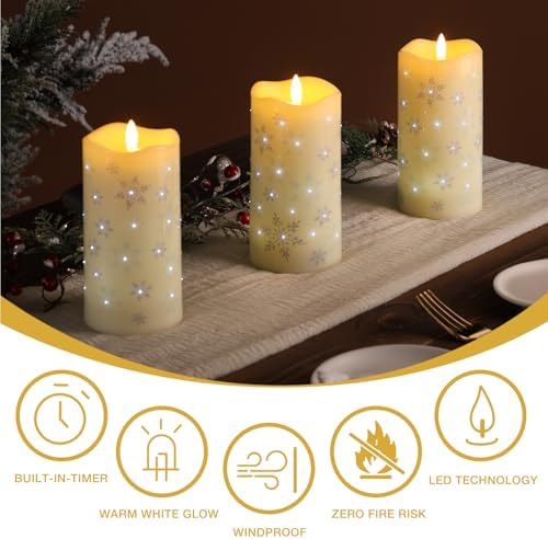 Eywamage Christmas Flameless Pillar Candles with Remote, Snowflakes Fiber Optic LED Candles Battery Operated Set of 3