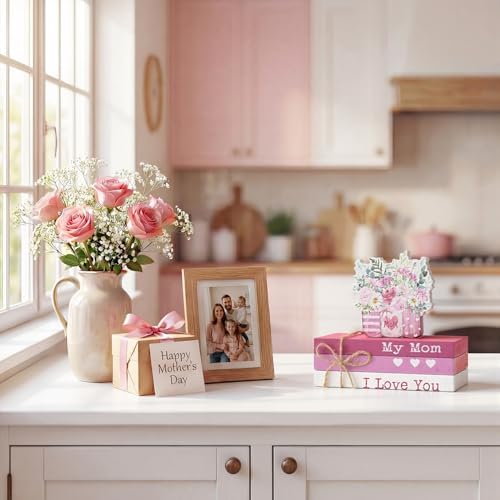 Smile 4pcs Mother's day Indoor Decorations Wooden Decor Table Centerpiece Love My Mom Wooden Plaque Ornaments for Home Kitchen