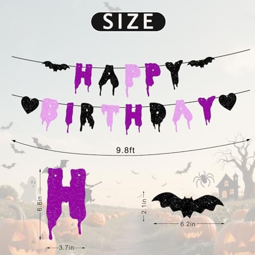 Happy Birthday Halloween Banner NO DIY Glitter Halloween Birthday Party Decorations for Home Office Wall Mantle Scary Party Decorations (Purple Black Pink)