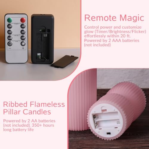 Pink Ribbed Flameless Pillar Candles with Remote Set of 2
