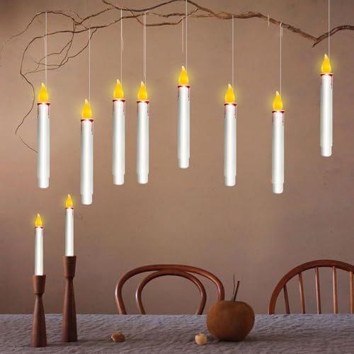 Floating Candles with Remote, 10 PCs Hanging Candles, Flickering Warm Light Flameless Floating LED Candle, Battery Operated Window Taper Candle Set for Halloween Home Party Decoration-White