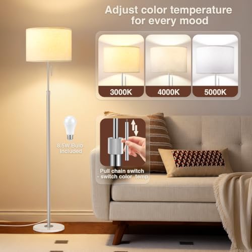 Ambimall Height Adjustable Modern Floor Lamp, Silver & White