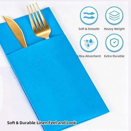 KAMMAK Napkins Disposbale 100 Pack Sky Blue Cloth like Paper Dinner Napkins with Pocket Folded Wedding Napkin Guest Hand Towels for Party Reception, Bathroom, Kitchen, Restaurants (16.5 x 16.5 inch)