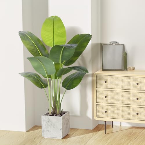 Artificial Bird of Paradise Plant 4Ft Tall Fake Tropical Palm Tree Large Fake Plants with 9 Silk Banana Leaves Faux