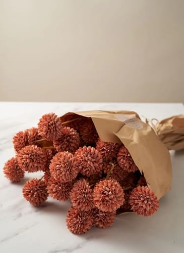 Laelfe Artificial Pompon Mum Burnt Orange, 5Pcs Fake Kiku Flowers Silk Small Mini Chrysanthemum Ball Faux Mum Decor for Vase Filler DIY Bouquet Centerpieces Arrangements Shower(Burnt Orange)