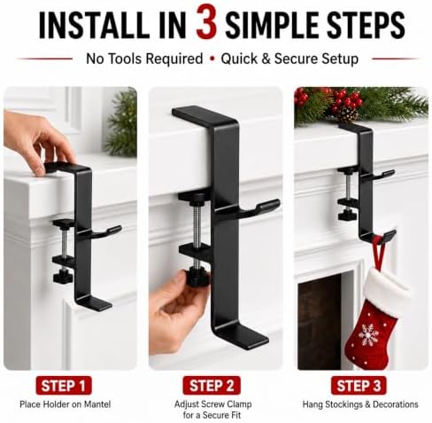 AZHAIBUQI 4 Pack Stocking Holders for Mantle, Upgraded 2 in 1 Christmas Stocking Hangers & Garland Holder, Adjustable Fireplace Hooks Fit Mantels Up to 3.54 Inches Thick, No Drilling, Black