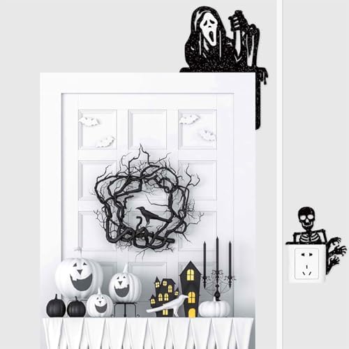 Removable 8 Pack Creative Halloween Switch Decal - Black Ghost Skeleton Witch Door Frame Wall Decorative Art Murals for Living Room Bedroom Bathroom Kitchen Light Switch Decor