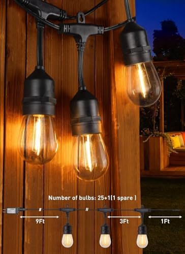 Brightown 82FT Outdoor String Lights - 25 LED Bulbs Patio Lights with Remote, Timer, Dimmable, Waterproof Connectable