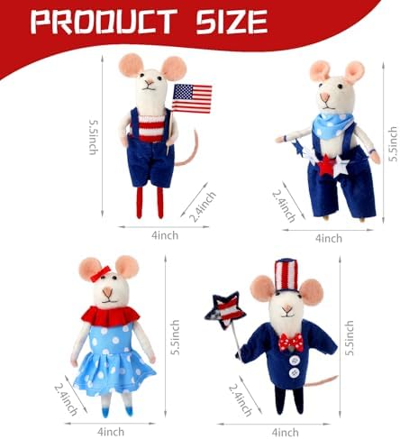 Hahafelt 4 Pcs 4th of July Felt Mice Ornament Cute Patriotic Wool Mouse Set