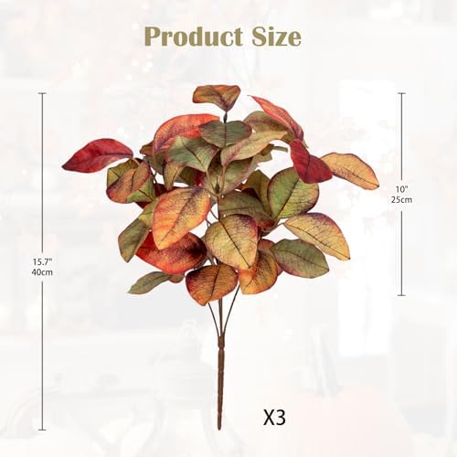 Briful 3 PCS Fall Leaves Artificial Magnolia Leaf Bush, 15" Autumn Fake Greenery Picks for Vase Floral Arrangement Kitchen Table Home Fall Decoration