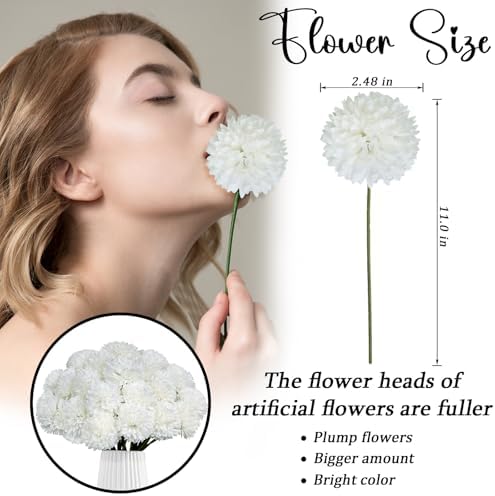 36 Pcs White Artificial Flowers Faux Ball Chrysanthemum Bouquet Silk Flowers Bridal Wedding Bouquet for Home Garden Party Office Coffee House Decoration (White)