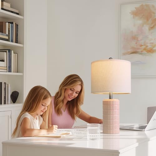 PoKat 20.75" Pink Ceramic Table Lamps Set of 2, Small Modern Bedroom Lamps for Girls Room, Bedside Lamps for Night