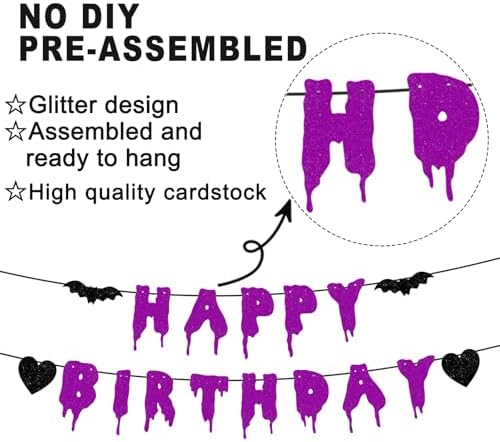 Happy Birthday Halloween Banner NO DIY Glitter Halloween Birthday Party Decorations for Home Office Wall Mantle Scary Party Decorations (Purple)
