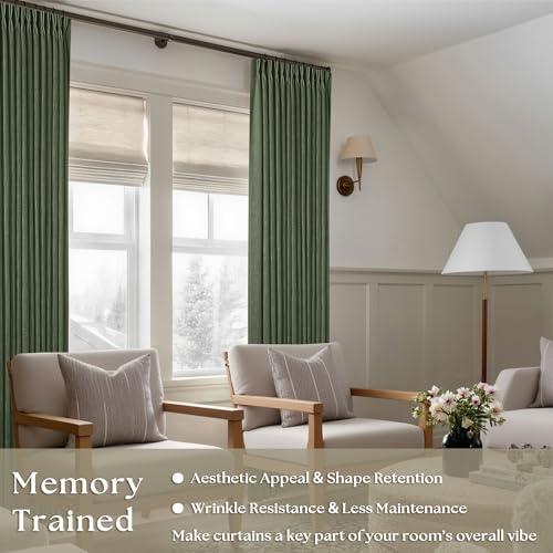 108 Inch Linen Memory Trained Pleated Curtains Olive Green for Living Room