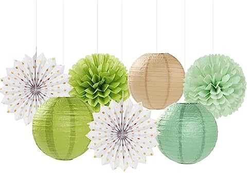 Olive-Sage Green-Boho Party-Decorations Streamers-Lanterns - 14pcs Baby Bridal Shower Wedding Paper Fan, Eucalyptus Wild Safari Jungle Birthday Tissue Pom Poms, Honeycomb Balls Decor Lasting Surprise