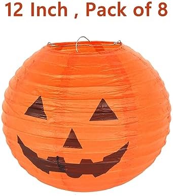 KESOTO 12 Inch Halloween Paper Pumpkin Lanterns Jack-O-Lanterns Hanging Halloween Decorations Outdoor Indoor Party Decorations, Pack of 8