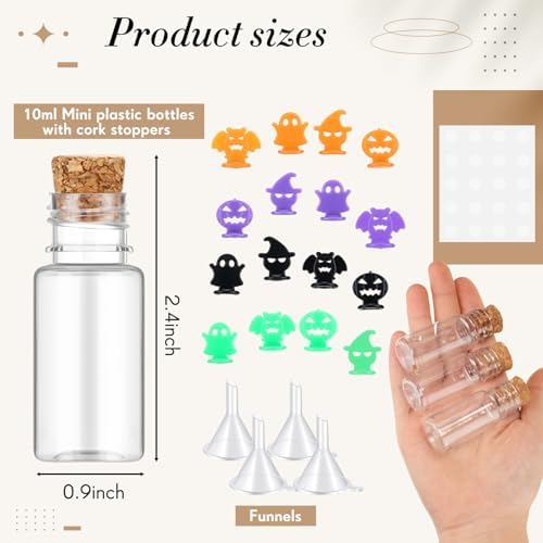 Bokon 36 Pack Mini Plastic Bottles with Corks Funnels Plastic Potion Bottles Tiny Clear Sand Art Jar Wishing Vial Witch Potion Jars for Decorations Birthday Party DIY Crafts Gift