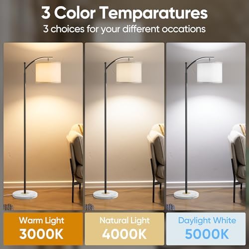 Floor Lamp for Living Room with Marble Base, Modern Standing Lamp with 3 Color Temperatures Bulb & Adjustable Linen