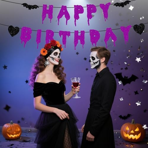 Happy Birthday Halloween Banner NO DIY Glitter Halloween Birthday Party Decorations for Home Office Wall Mantle Scary Party Decorations (Purple)