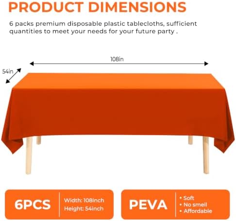 6 Pack Premium Disposable Plastic Tablecloth 54" x 108" Party Table Cloths Disposable for 6 to 8 Foot Tables Indoor or Outdoor Birthdays Weddings Christmas Anniversary Buffet Table (Orange)