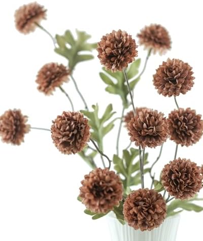 DuHouse 6pcs Faux Silk Pompon Mum Small Chrysanthemum Ball Mocha Brown