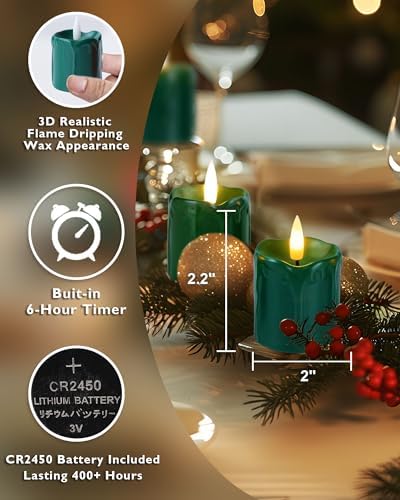 Homemory 2"x 2" Green 6 Hour Timer Flameless Votive Candles, 6 Pack