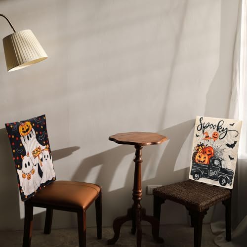 JarThenaAMCS 4Pcs Halloween Chair Back Cover Spooky Boo Ghost Bat Pumpkin Face Seat Covers Dining Chair Slipcover Protector for Trick or Treat Home Kitchen Decor