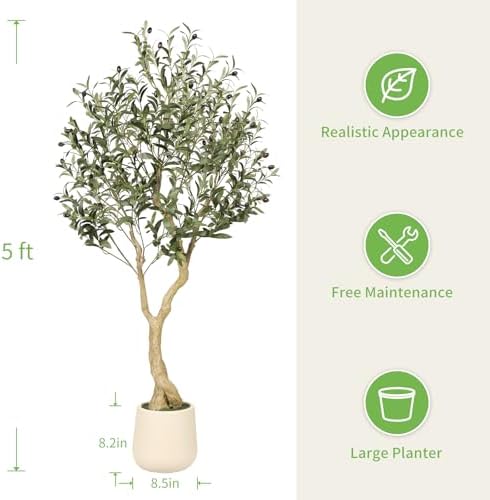 Realead 5ft Olive Trees Artificial Indoor with White Tall Exquisite Planter