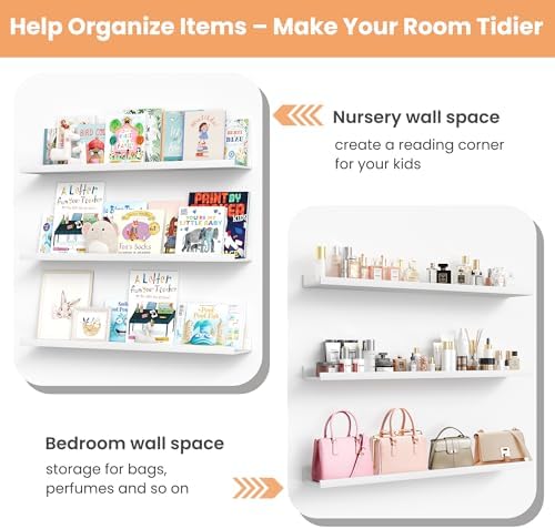 upsimples Floating Shelves for Wall Decor and Storage, White, 6Pcs 47.3''