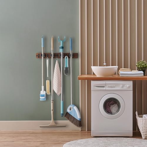 OUTNILI Mop and Broom Holder Wall Mount - Wood Broom Mop Hanger - Wall Mounted Garden Tool Rack Organizer for Closet