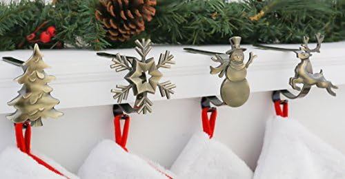 Haute Decor MantleClip Stocking Holders with Removable ZINC Alloy Holiday Icons (4-Pack Assorted Icons, Antique Brass)