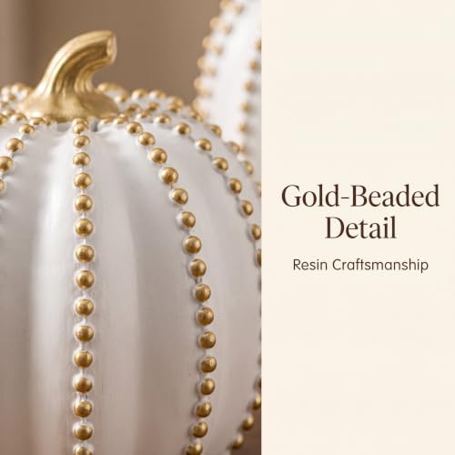 Fall Decorations for Home Set of 2 White & Gold Resin Pumpkin Table Decor