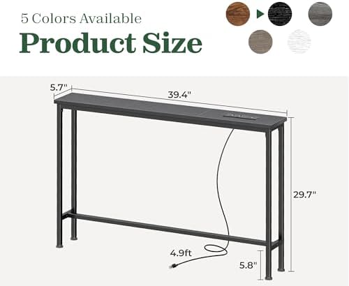 SUPERJARE 39.4 inch Narrow Behind Couch Table with Charging Stations