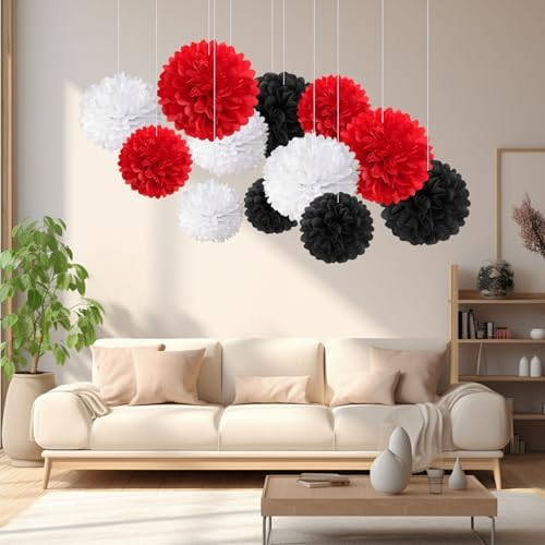 18 PCS Tissue Paper Pom Poms, Tissue Paper Flowers, Sizes of 6", 10", 12", 14" Bachelorette Paper Flower Party Decor for Wedding, Birthday, Fiesta Stranger, Baby Showers (Black Red White)