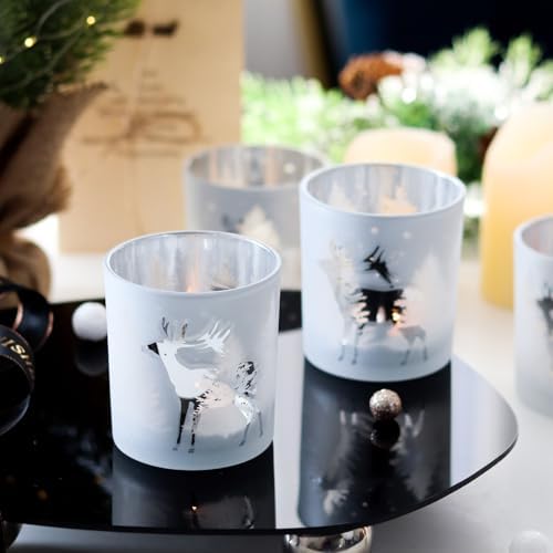SHMILMH Christmas Votive Candle Holders Set of 4, Silver Glass Tealight Candle Holders for Xmas Table Centerpiece Decorations, Christmas Candle Jar for Making Candles Gift