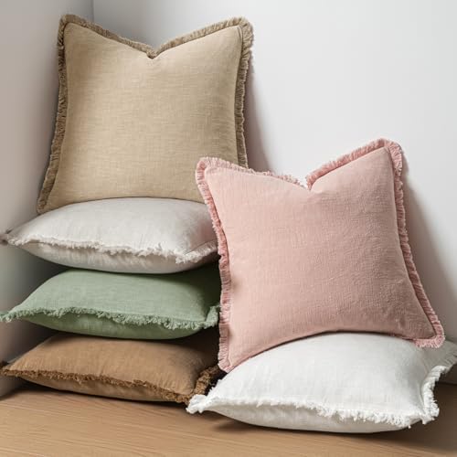 MIULEE Boho Linen Fringe Decorative Throw Pillow Covers Sage Green 20x20
