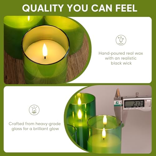 Eywamage Green Glass Flameless Pillar Candles with Remote, Flickering Spring Battery LED Candles Holiday Decor Set of 3