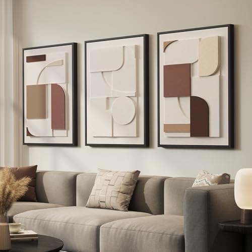 Large 3D Textured Neutral Abstract Framed Wall Art for Living Room, 3 Piece