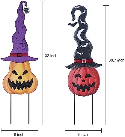YEAHOME Halloween Decorations Outdoor, Set of 2 Pumpkin Garden Stakes with Witch Hats for Halloween Decor, Jack o' Lantern Metal Pumpkin Yard Signs for Outside Garden Lawn Patio Party Decorations