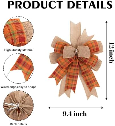 Fall Bows for Wreaths, 9.4 x 11.8 Inch Orange Burlap and Wired Plaid Ribbon, Handmade Autumn Wreath Bow for Mailbox Lantern Tree Topper, Thanksgiving Harvest Door Decor
