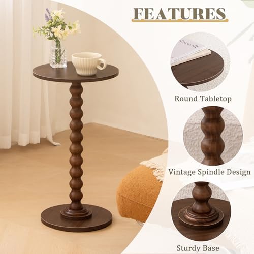 Fultyle Small Round Side Table, Walnut End Table for Small Spaces, Modern Drink Table Accent Table with Solid Wood Leg