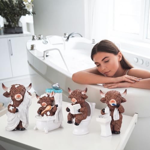 Simgoing 4 Pcs Farmhouse Highland Cow Bathroom Decor, Resin Cow Figurines