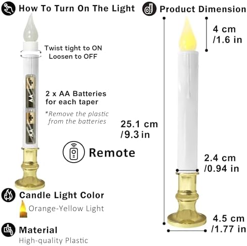 Flameless Taper Candles with Suction Cups, 9.3in, Gold, 6pcs