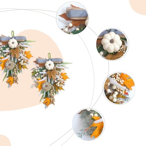 2PCS Fall Teardrop Swags 20inch Thanksgiving Wreath, Eucalyptus Berries Pumpkins Lamb Ears Leaves Autumn Wreaths for Front Door, Fall Decor, Porch Wall, Home Outdoor Holiday Decorations (C)